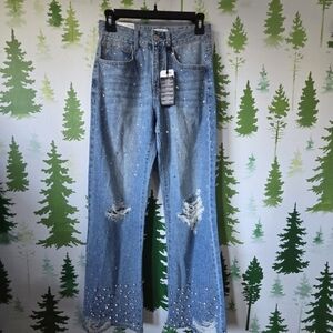 Embellished Slim Fit Flared Blue Jeans